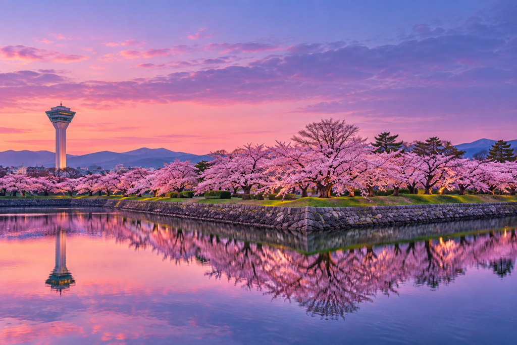 Cherry blossoms reflected in a calm moat at dusk in Japan