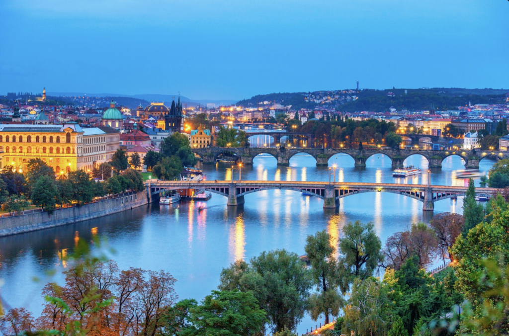 Bridges and river in Prague at dusk